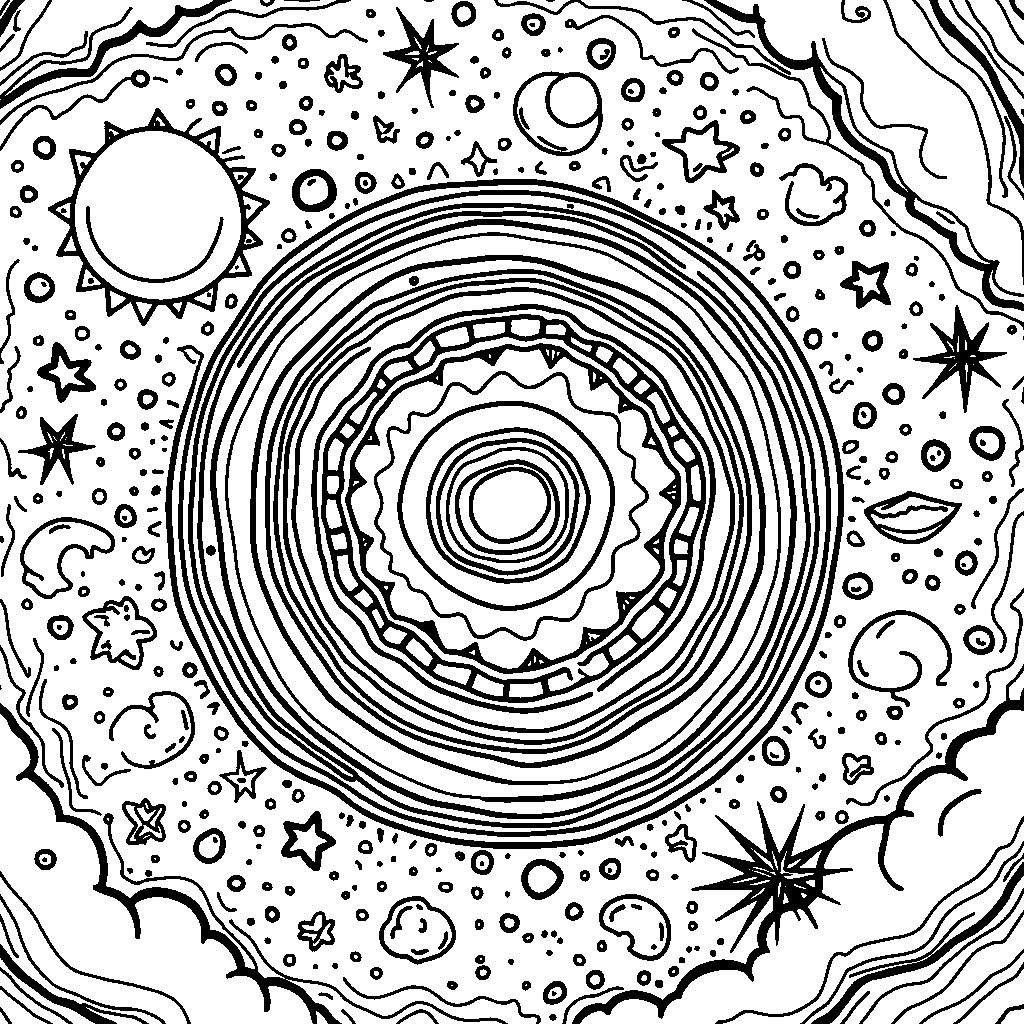 Mandala-inspired galaxy with stars and planets