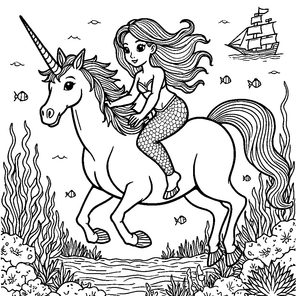 Mermaid riding a unicorn under the sea