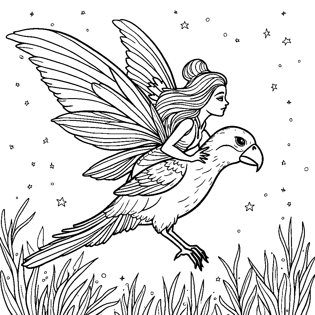 A fairy flying on the back of a rainbow-colored bird