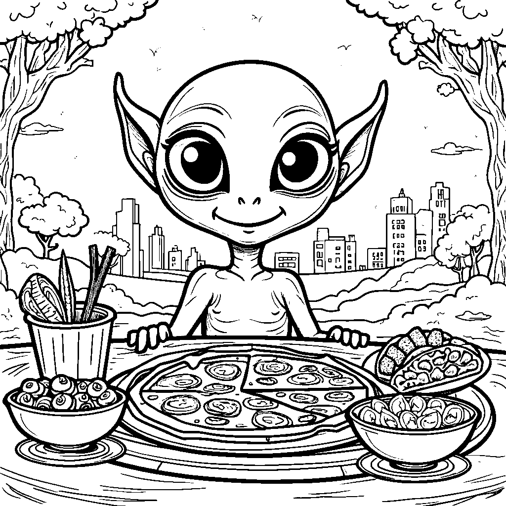 A friendly alien visiting Earth and trying new foods