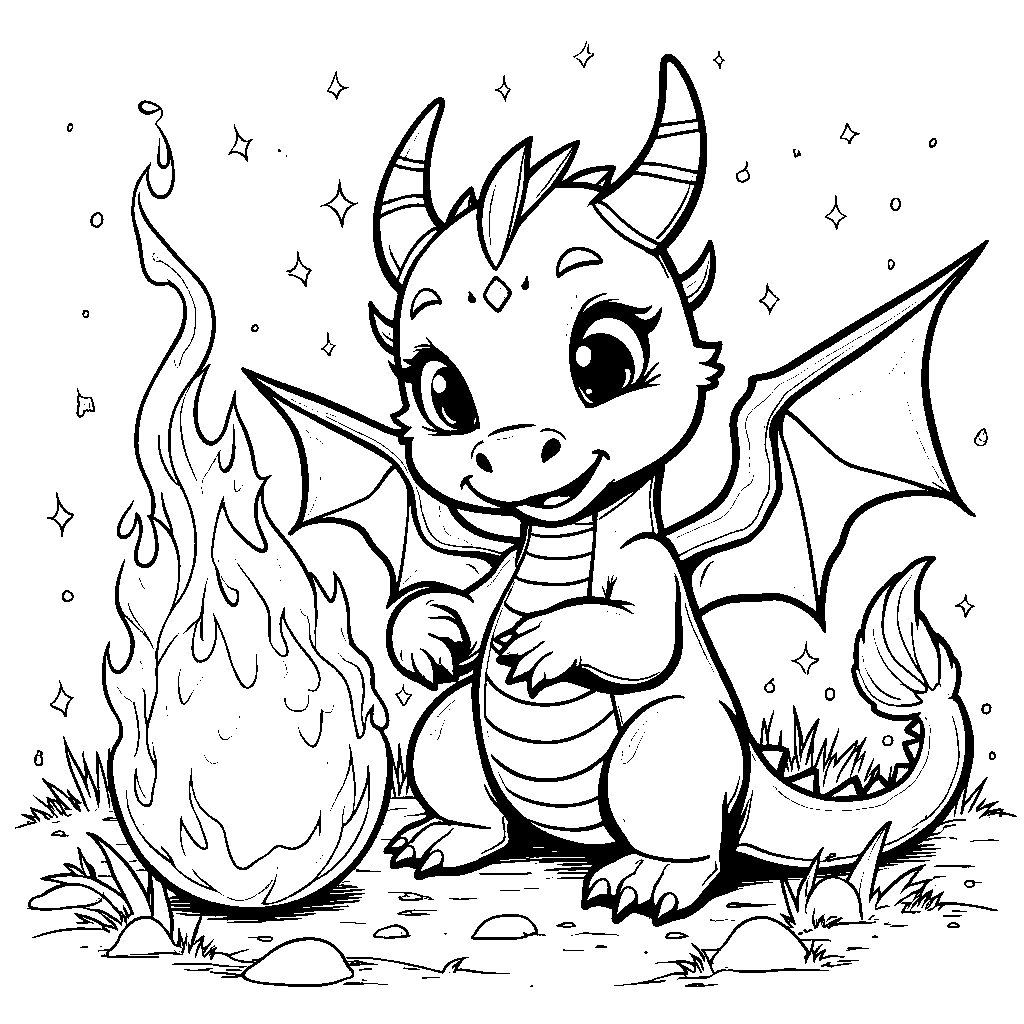 A friendly dragon playing with a ball of fire