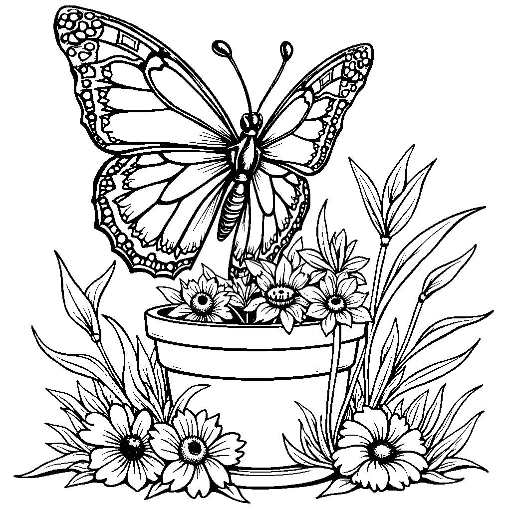 A giant butterfly perched on a flower pot