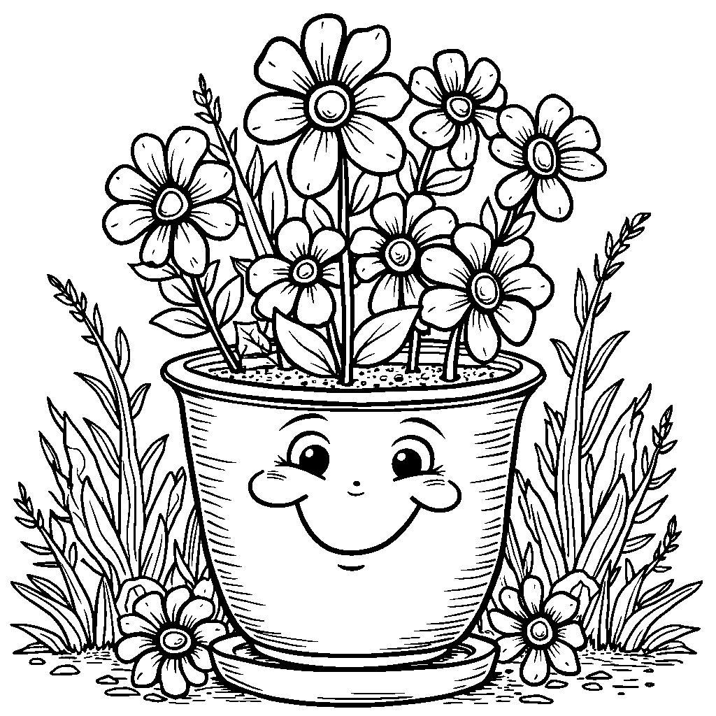 A giant flower pot with a smiling face and arms