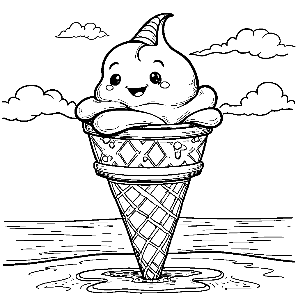 A giant ice cream cone with a face and a hat