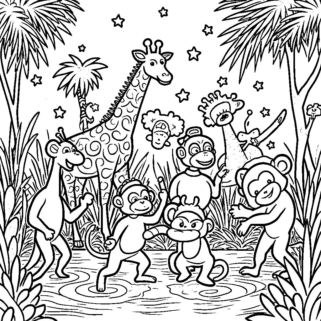 A group of animals having a dance party in the jungle