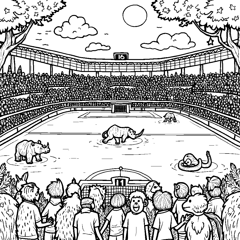 A group of animals playing soccer in a jungle stadium