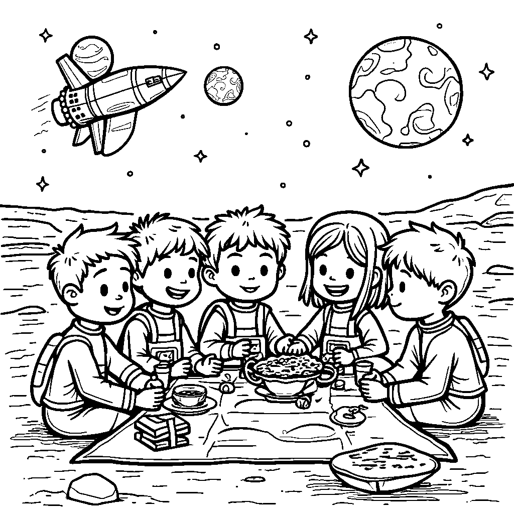 A group of kids having a picnic on the moon