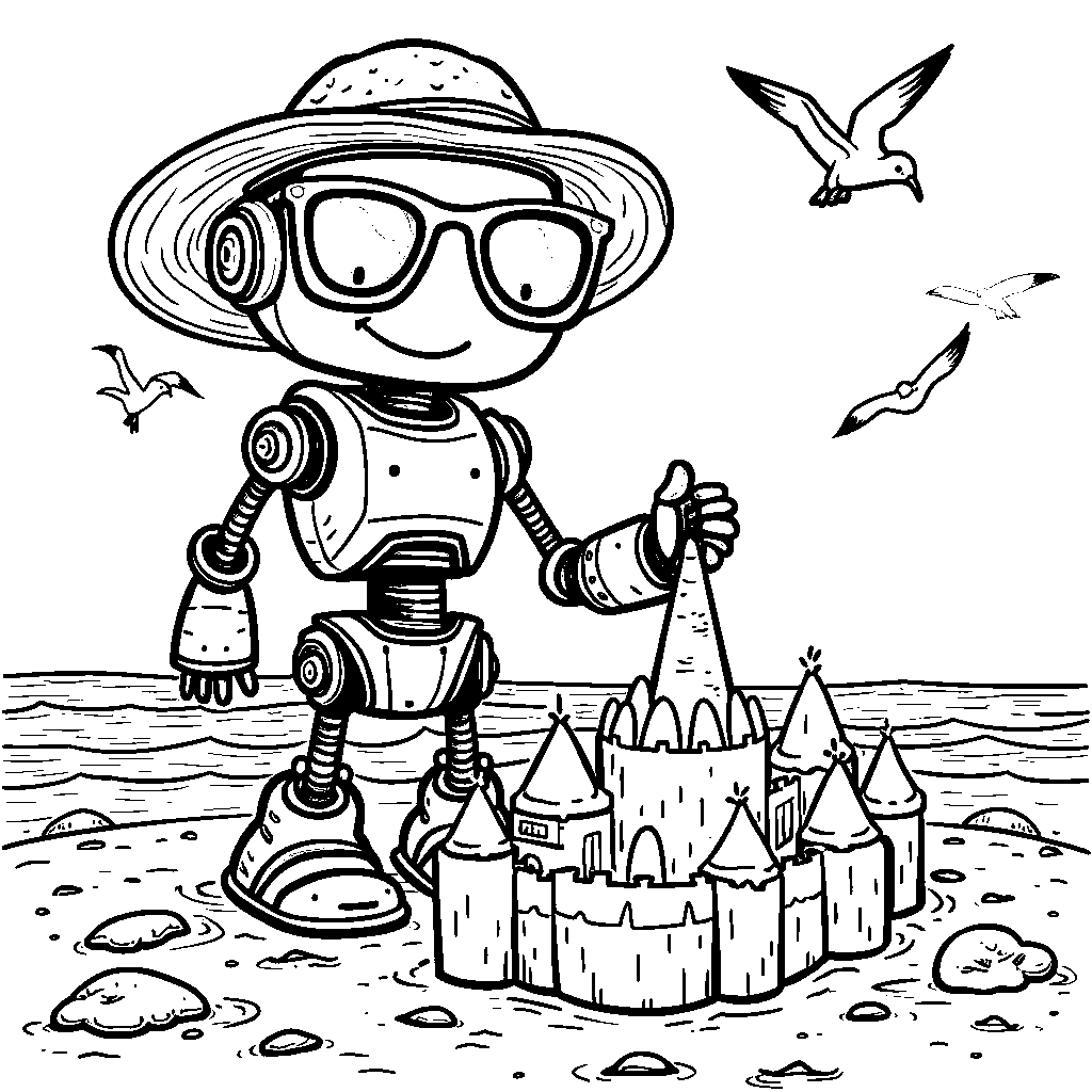 A happy robot building a sandcastle on the beach