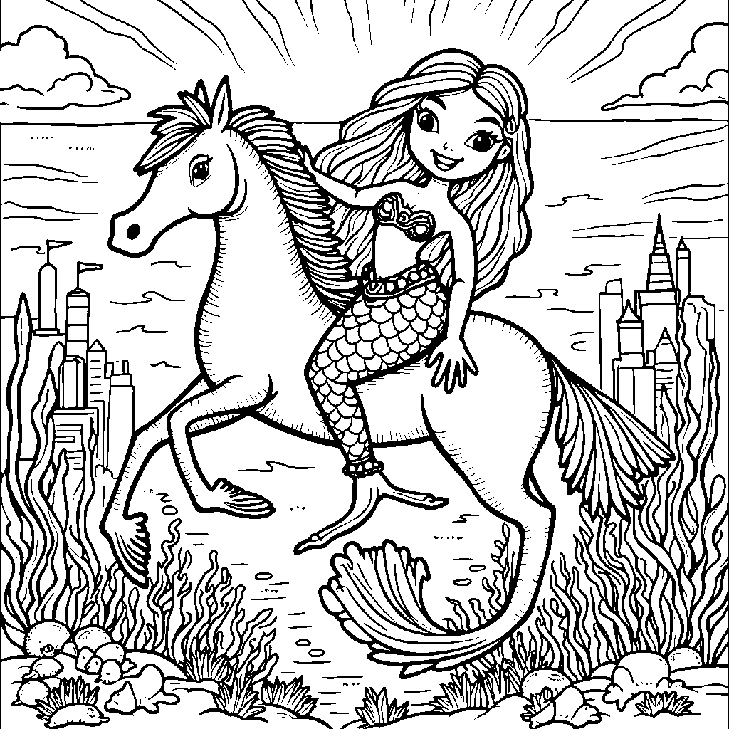 A mermaid riding a seahorse through an underwater city