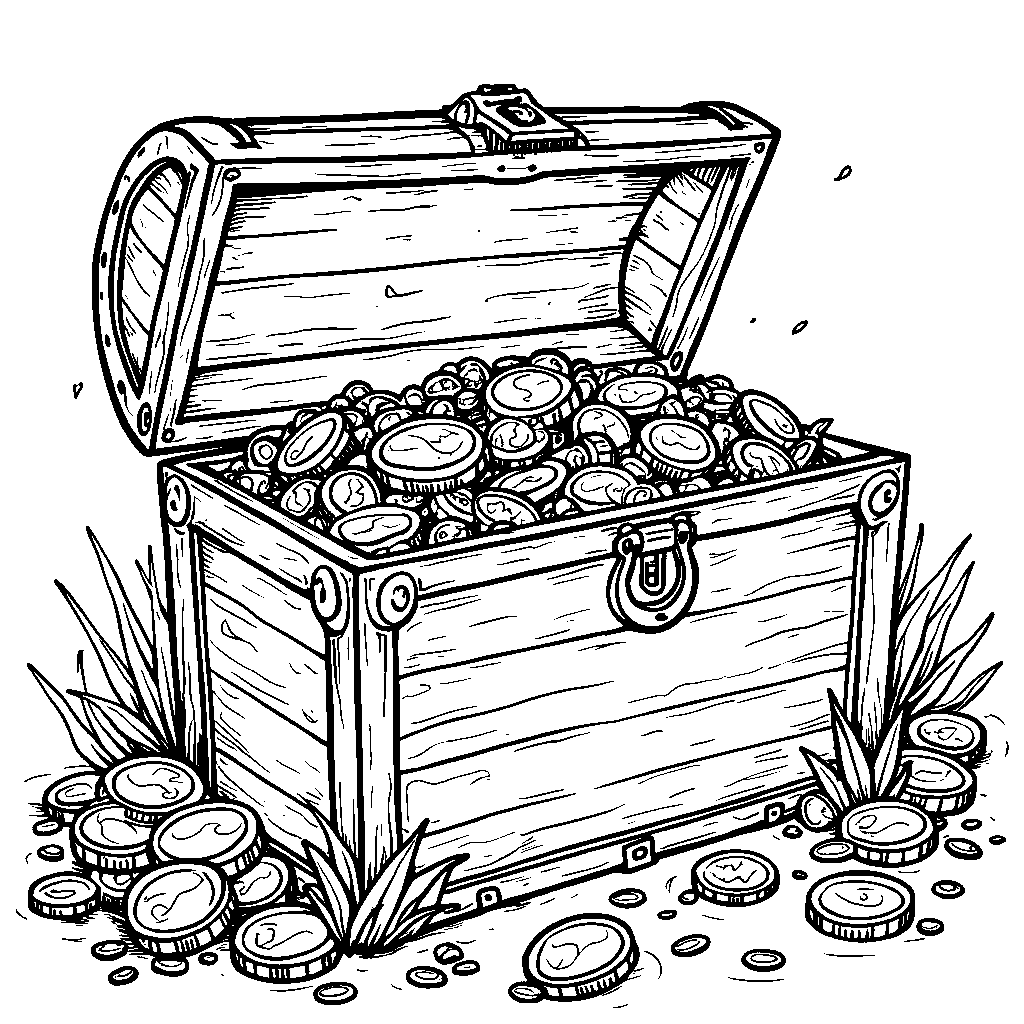 A pirate's treasure chest overflowing with gold coins