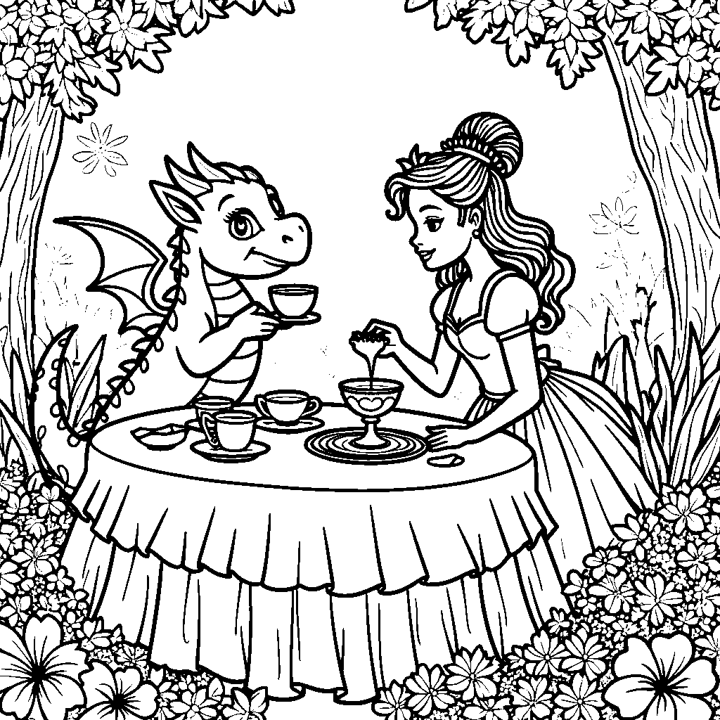 A princess and her pet dragon having a tea party