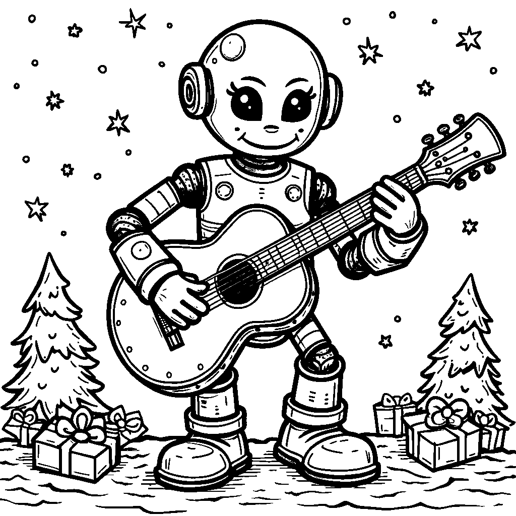 A robot playing a guitar made of candy canes