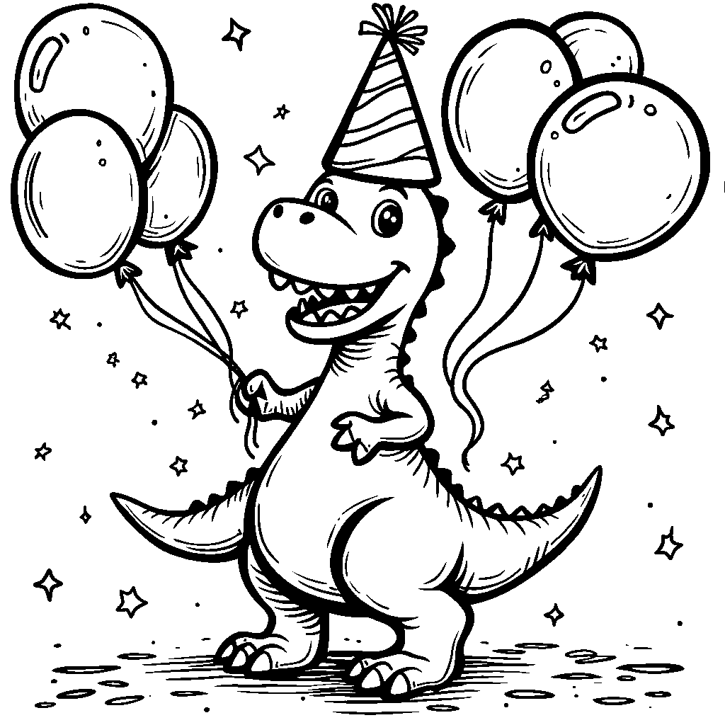 A dinosaur wearing a party hat and holding balloons