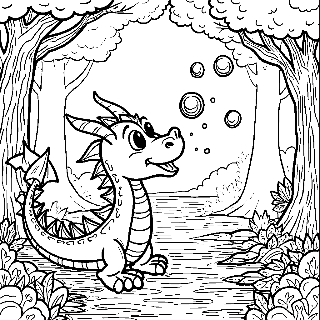 A dragon blowing bubbles in a magical forest