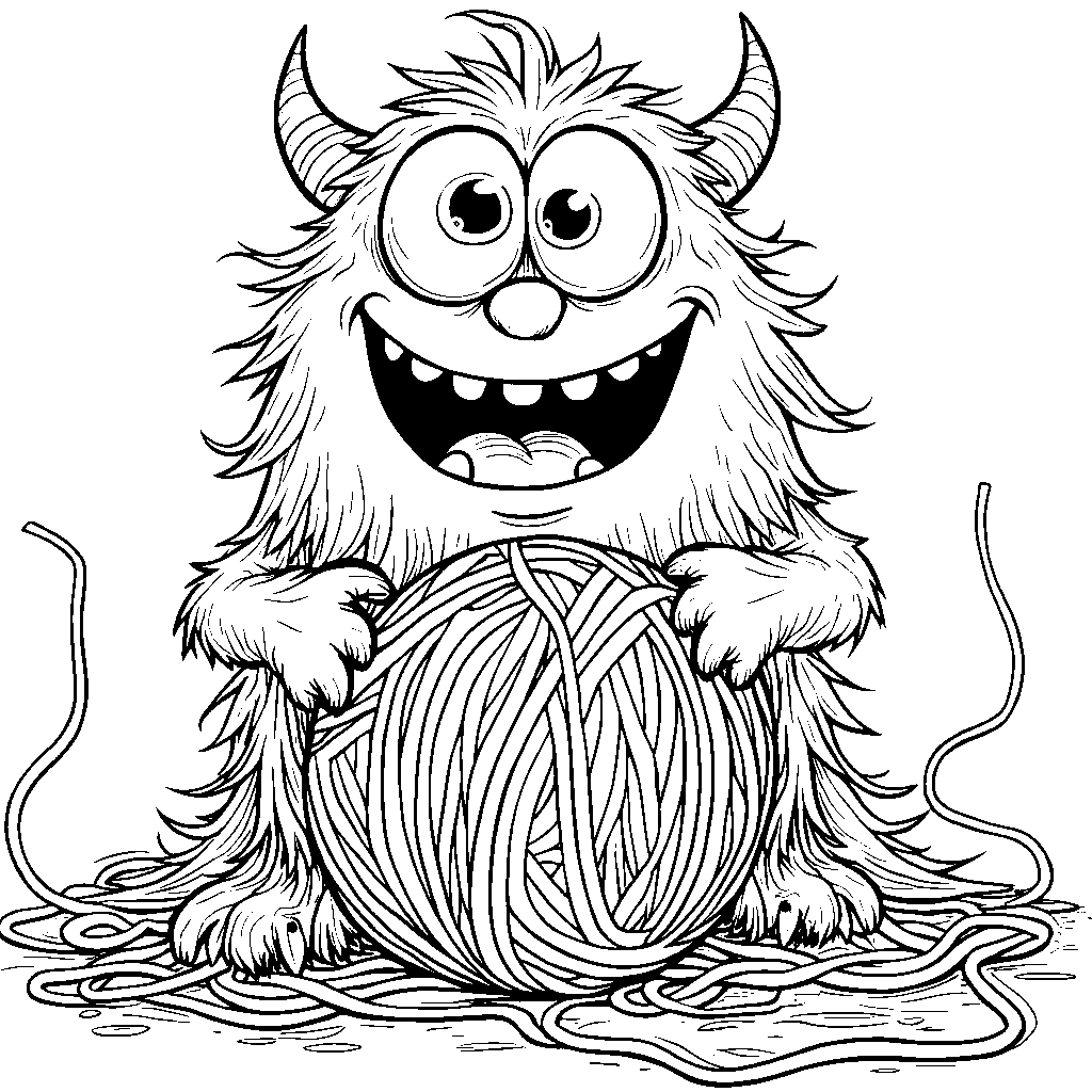 A happy monster playing with a giant ball of yarn