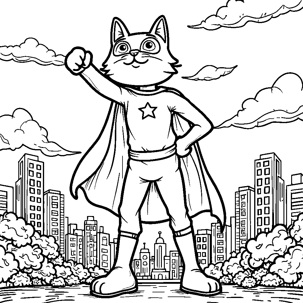 A superhero cat saving the city from evil robots