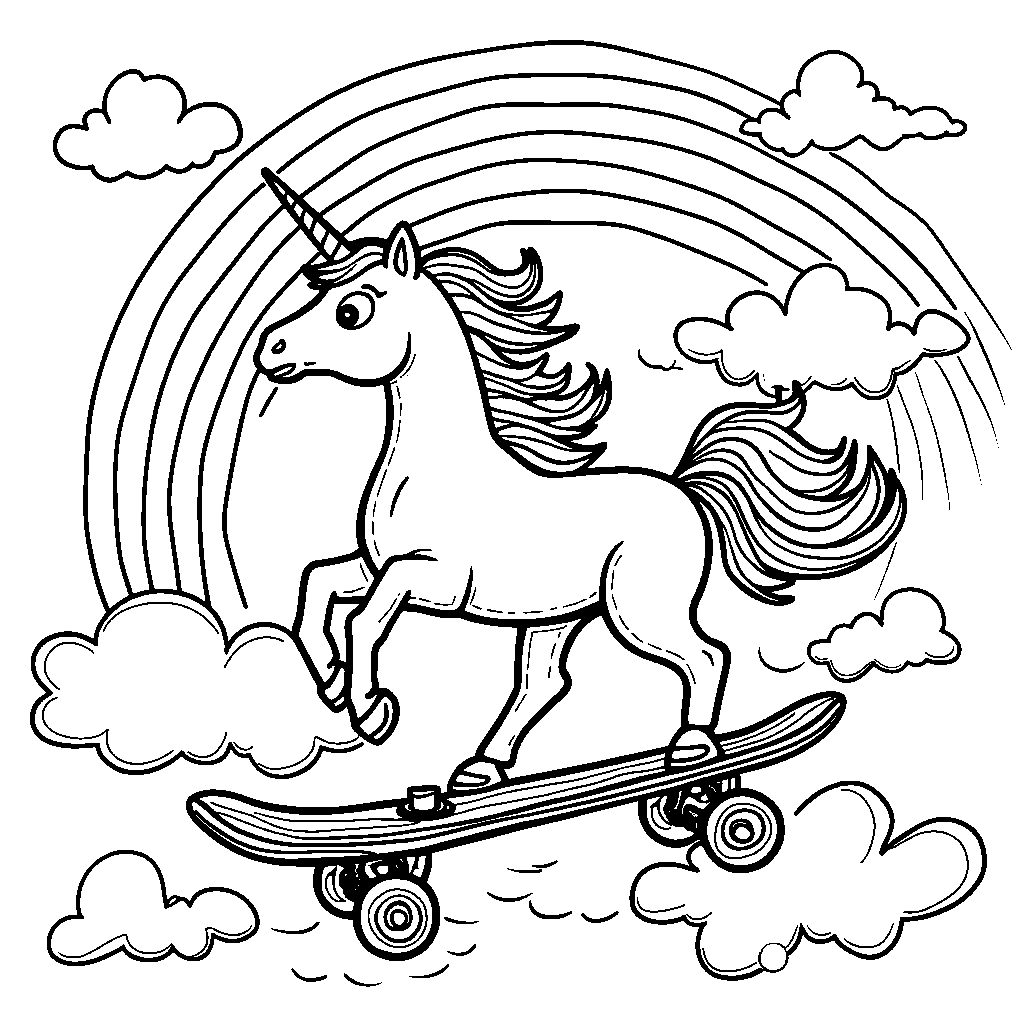 Unicorn riding a rainbow-powered skateboard