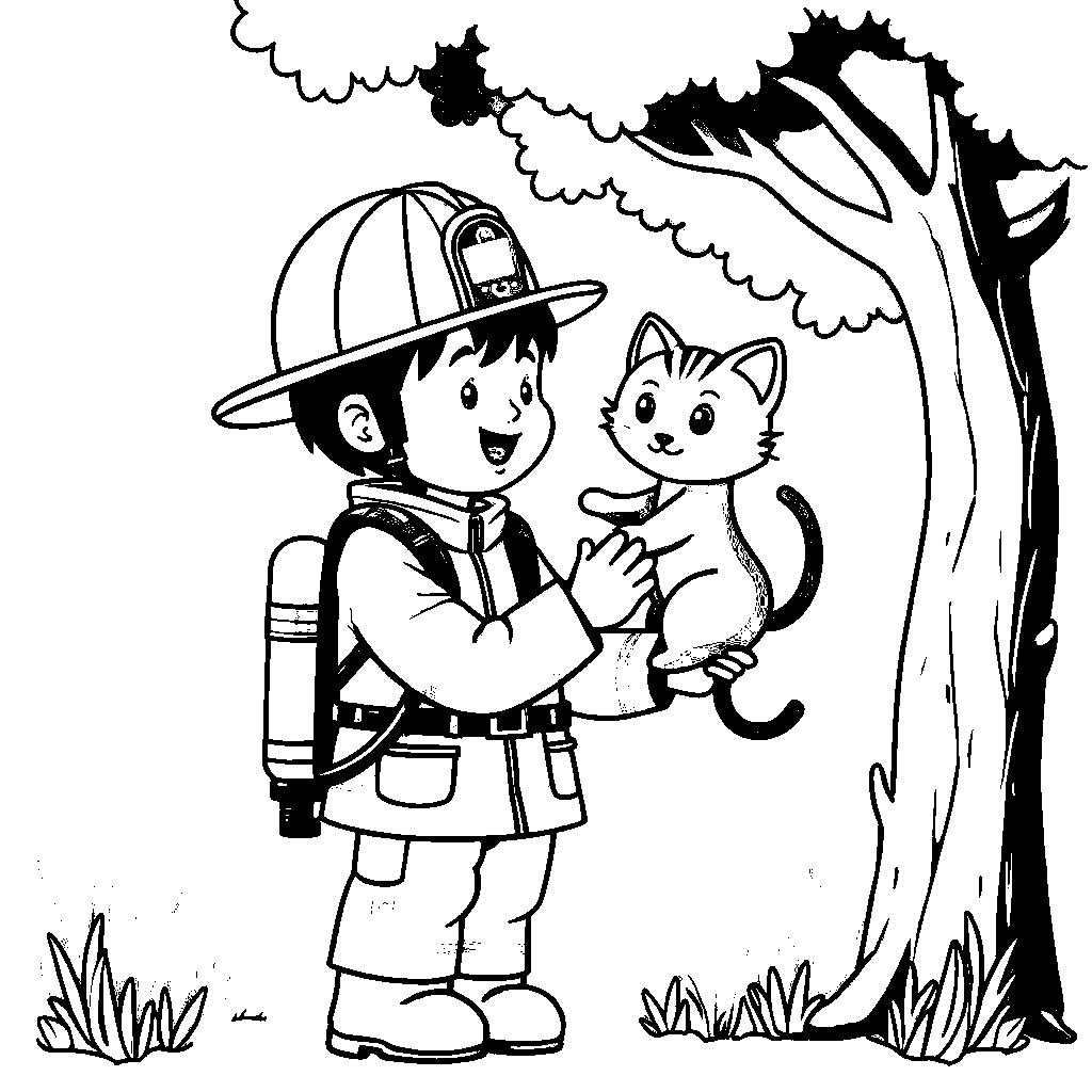 A brave firefighter rescuing a kitten from a tree