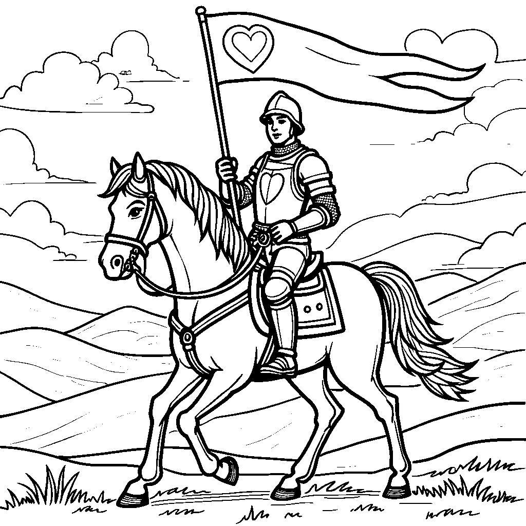 A brave knight riding a horse, carrying a banner with a heart