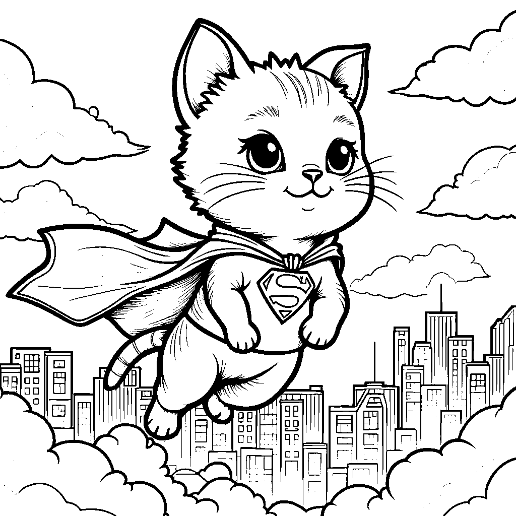 A cat wearing a superhero cape, flying through the air