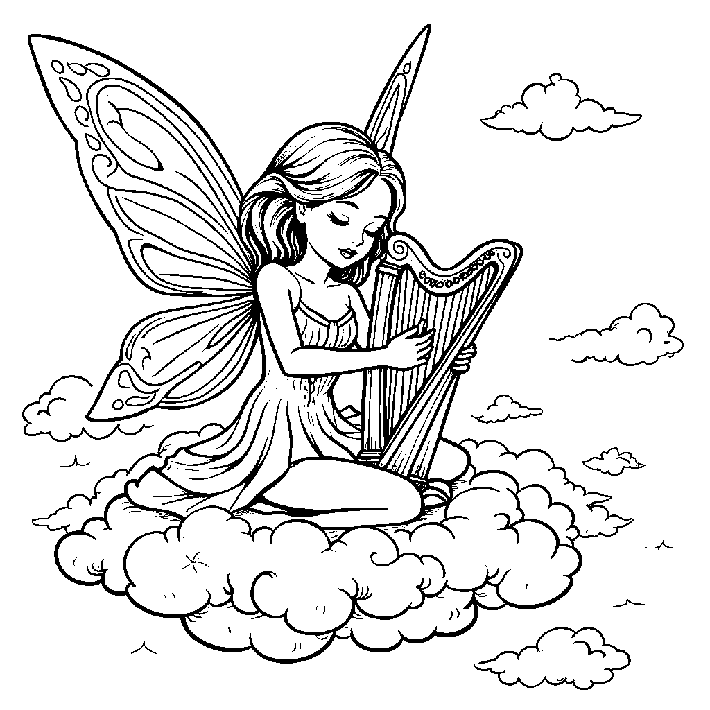 A fairy sitting on a cloud, playing a harp