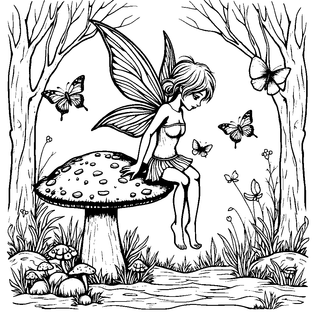 A fairy sitting on a mushroom, surrounded by butterflies