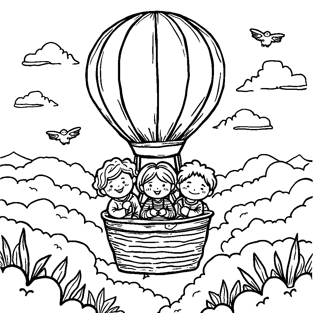 A group of kids having a picnic in a hot air balloon