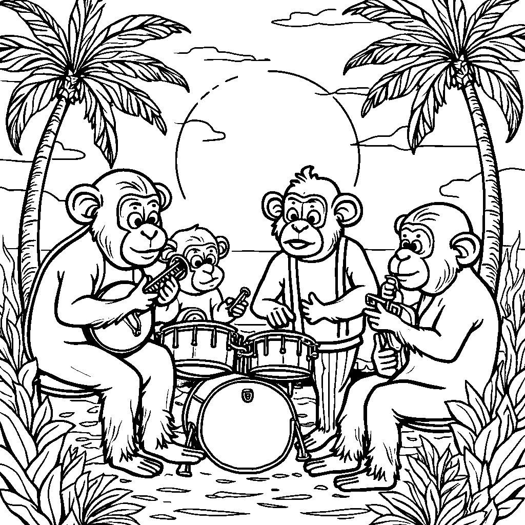 A group of monkeys playing musical instruments in a jungle band