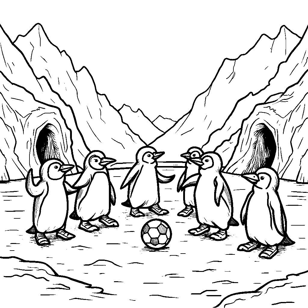 A group of penguins playing soccer on the ice