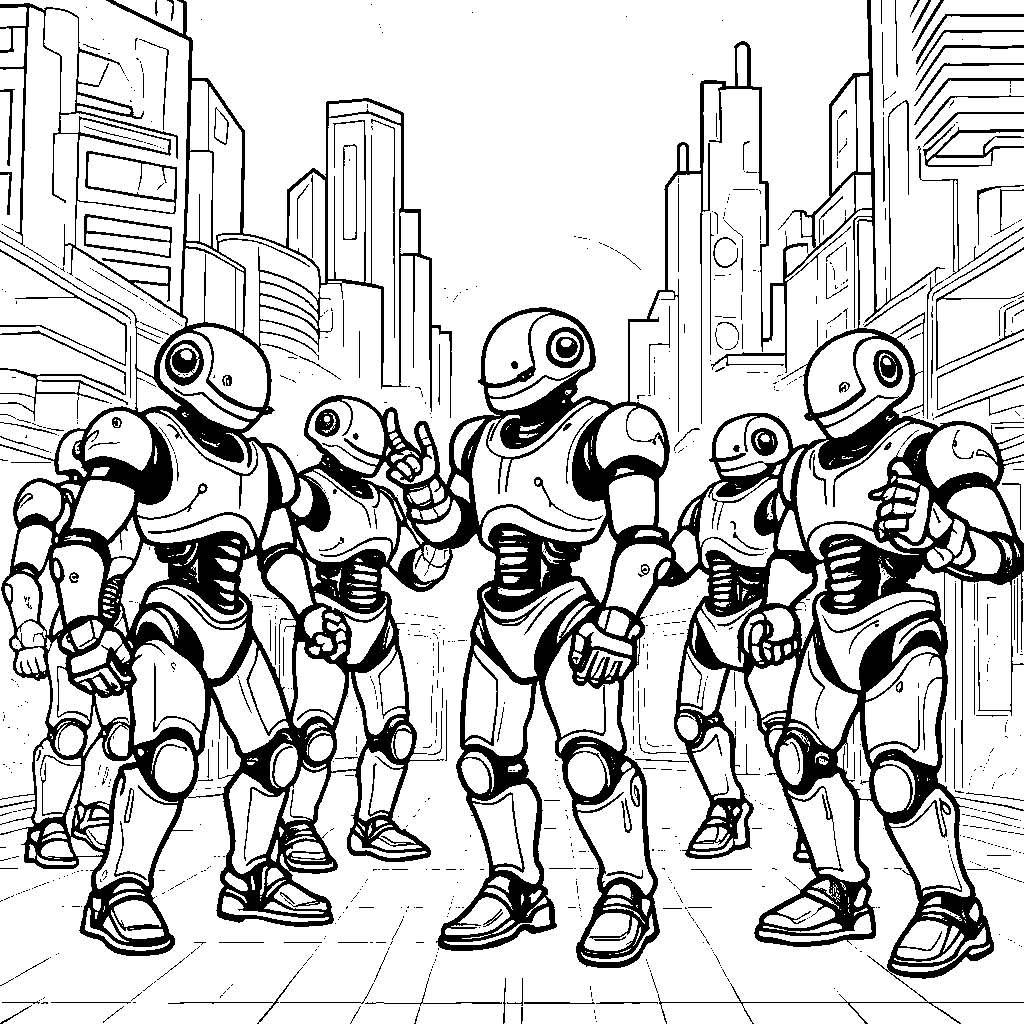 A group of robots having a dance party in a futuristic city