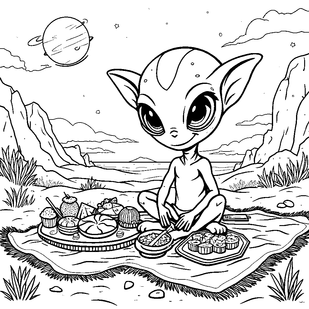 A happy alien enjoying a picnic on a distant planet