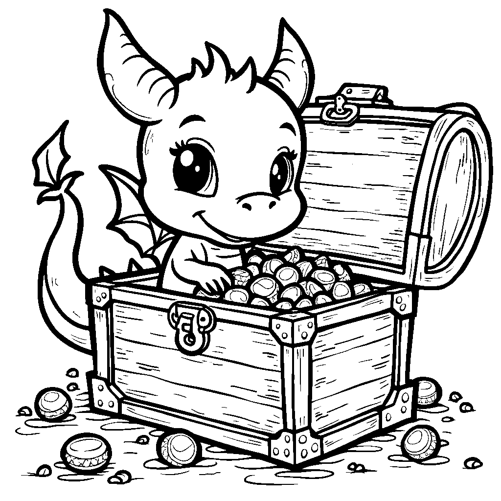 A happy dragon enjoying a treasure chest filled with candy