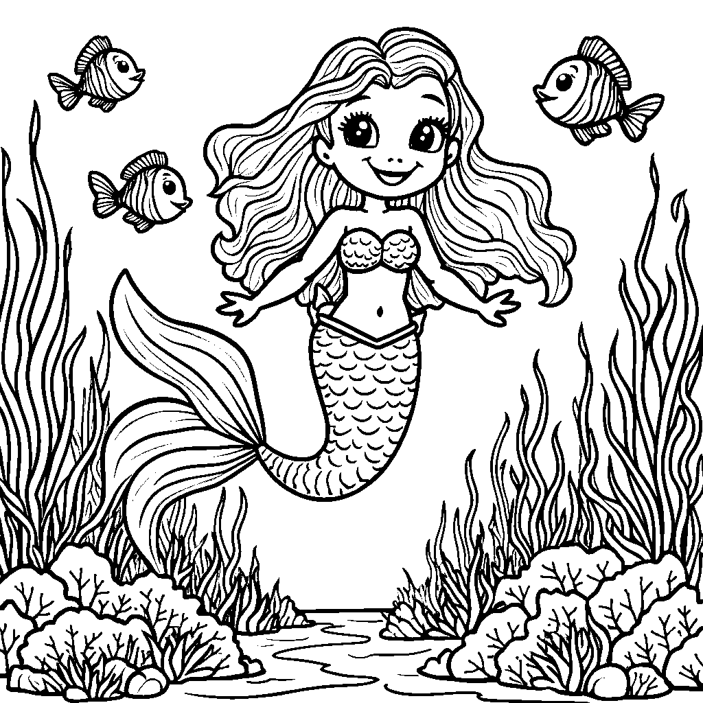 A happy mermaid swimming with her fish friends