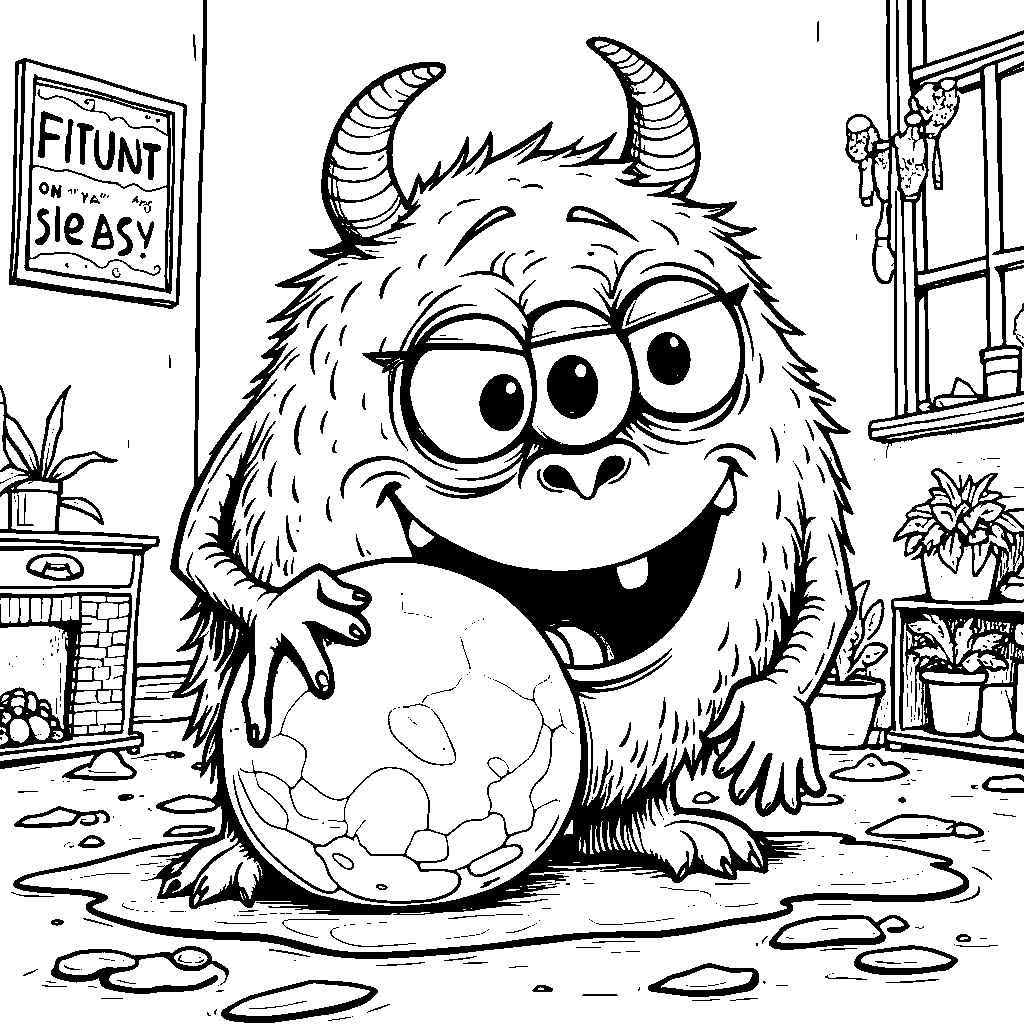 A happy monster playing with a ball of slime