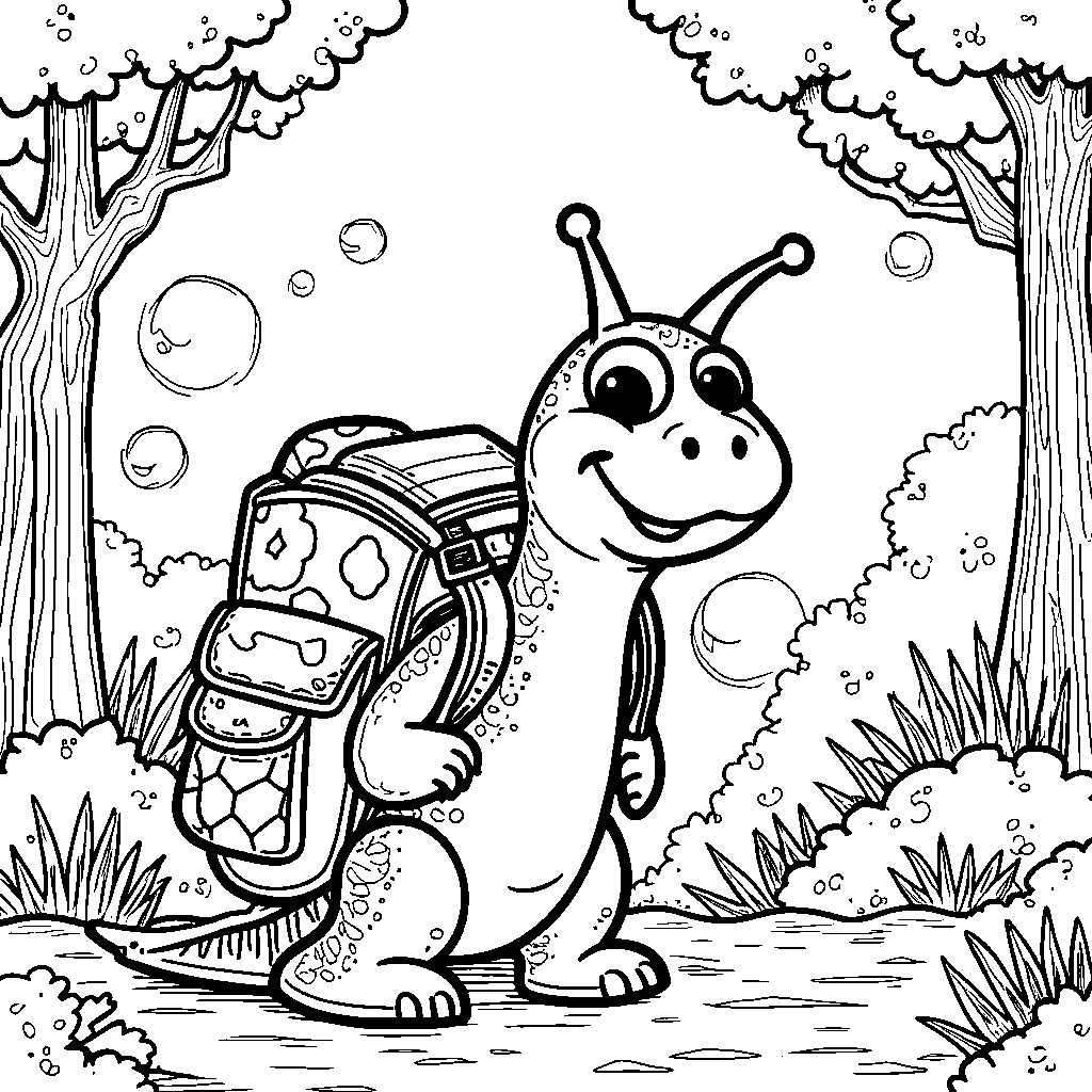 A happy snail wearing a backpack, going on an adventure