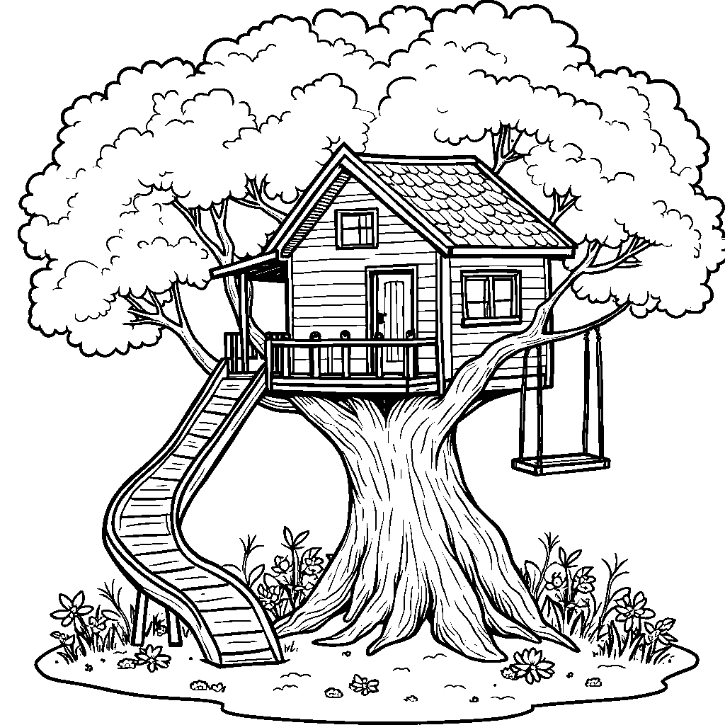 A magical treehouse with a slide and a swing