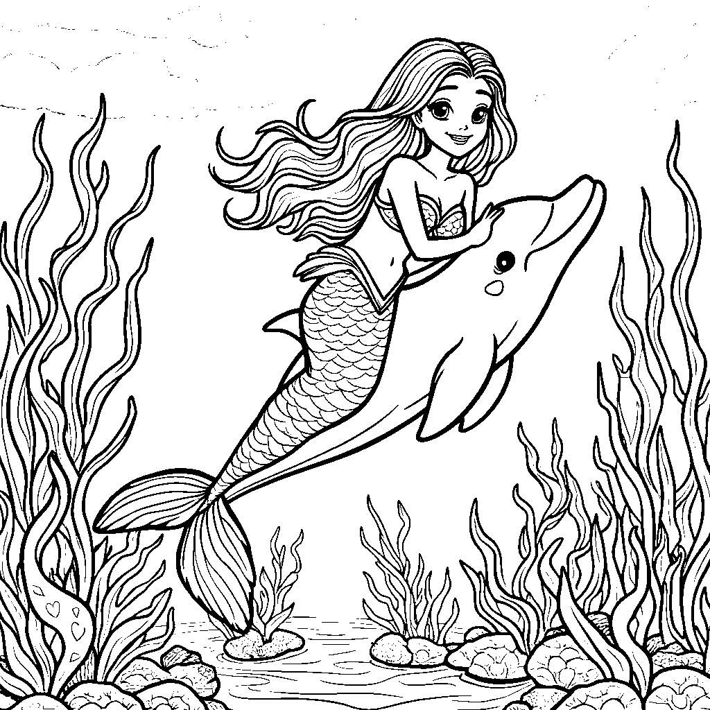 A mermaid riding a dolphin through a coral reef