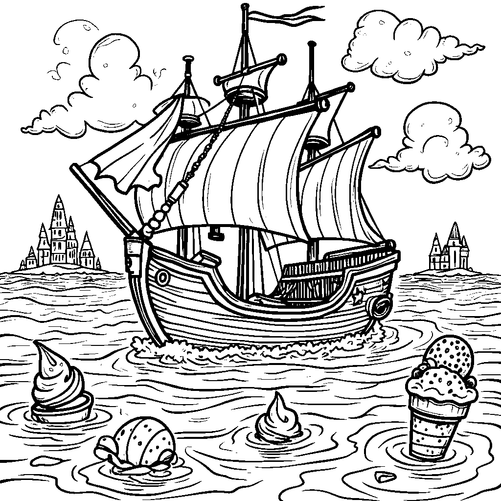 A pirate ship sailing through a sea of ice cream