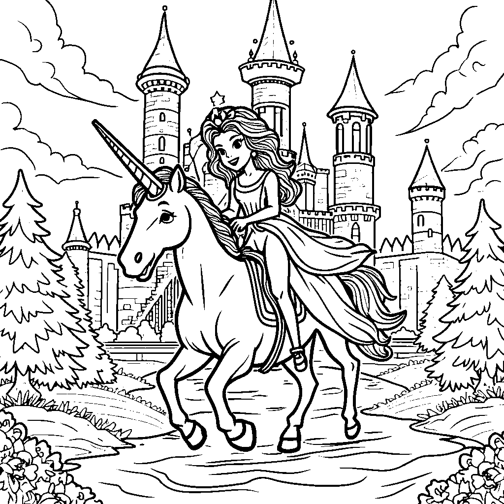 A princess riding a unicorn through a sparkling castle