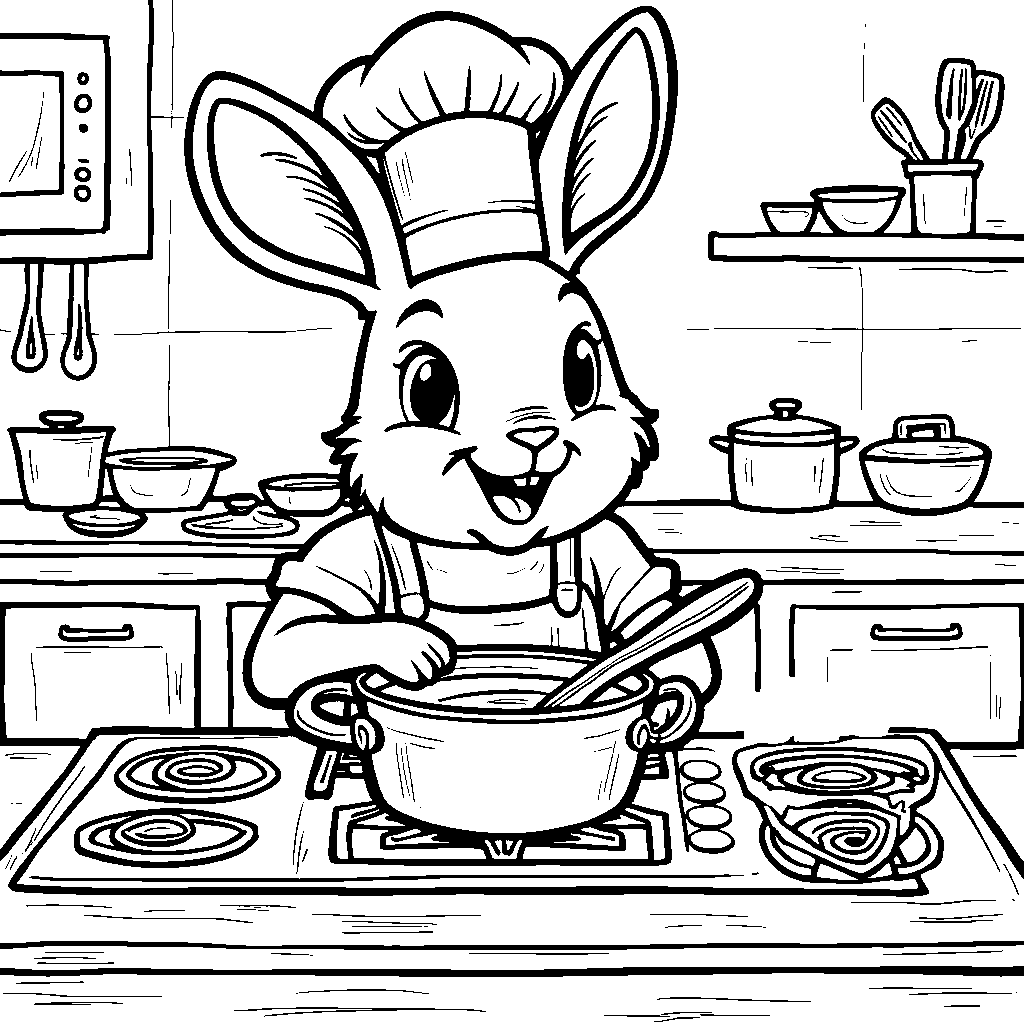 A rabbit wearing a chef's hat, cooking in a kitchen