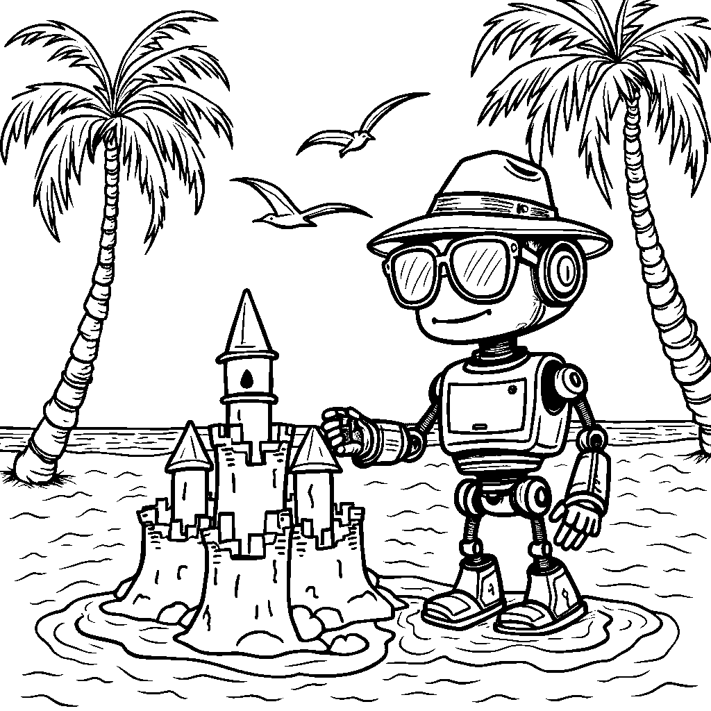 A robot building a sandcastle on a sunny beach