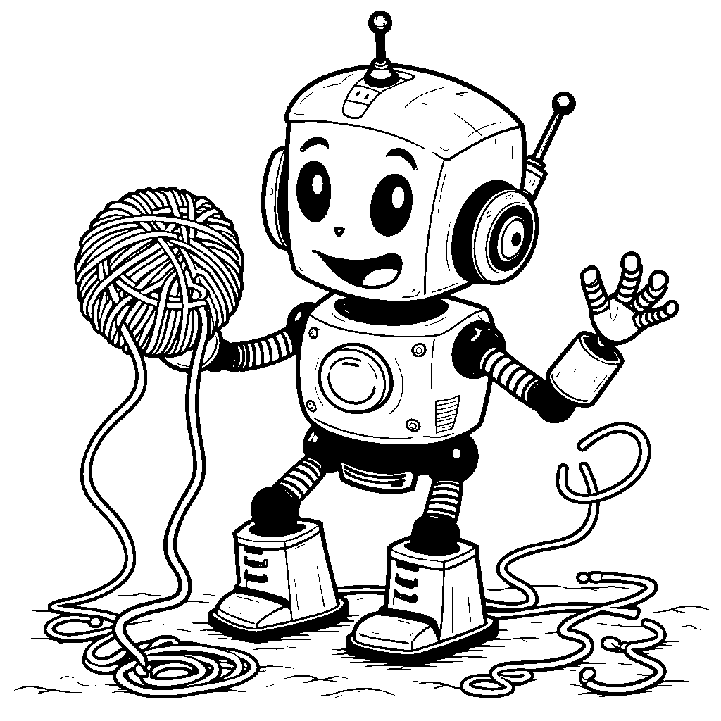 A robot playing with a ball of yarn