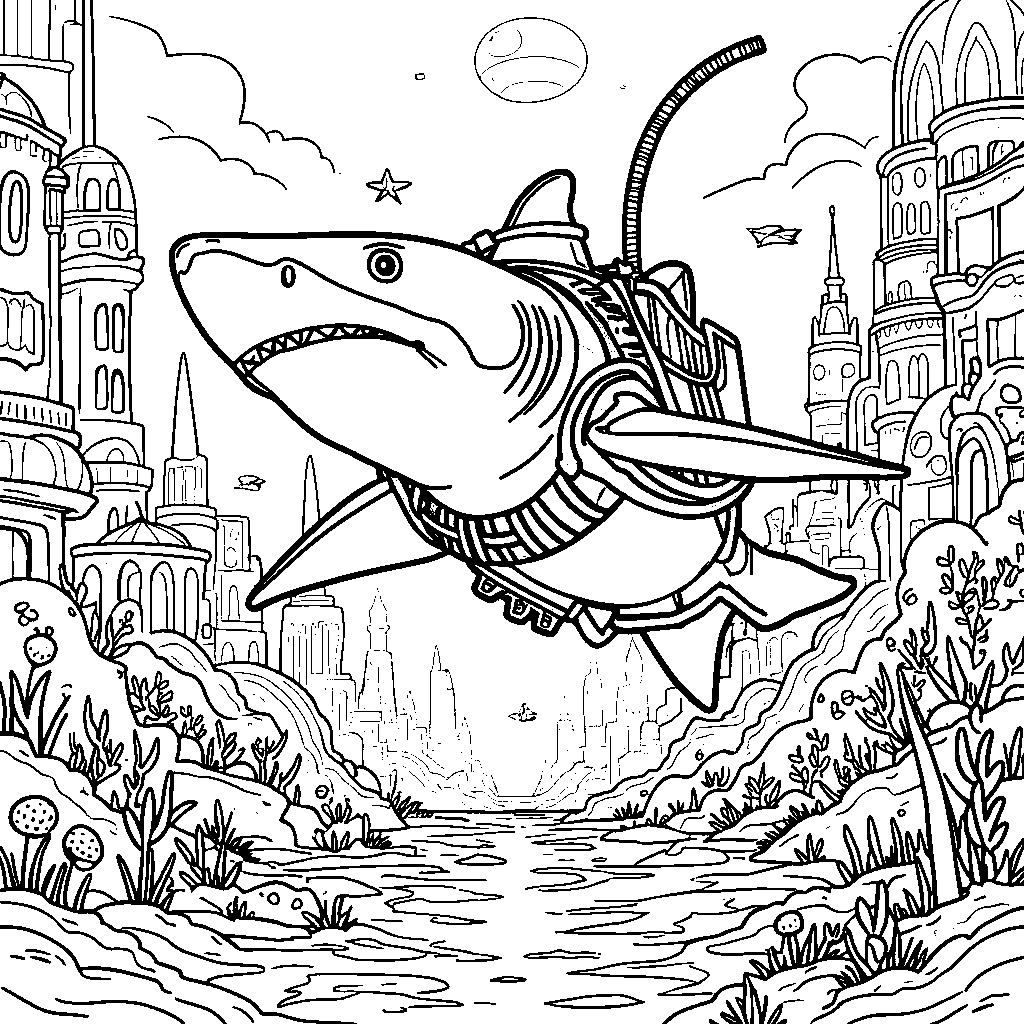 A shark wearing a scuba tank, exploring an underwater city