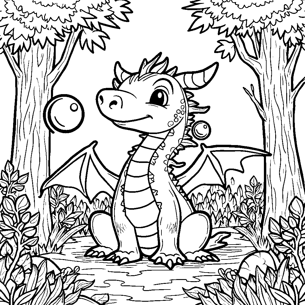 A dragon blowing bubbles in a magical forest