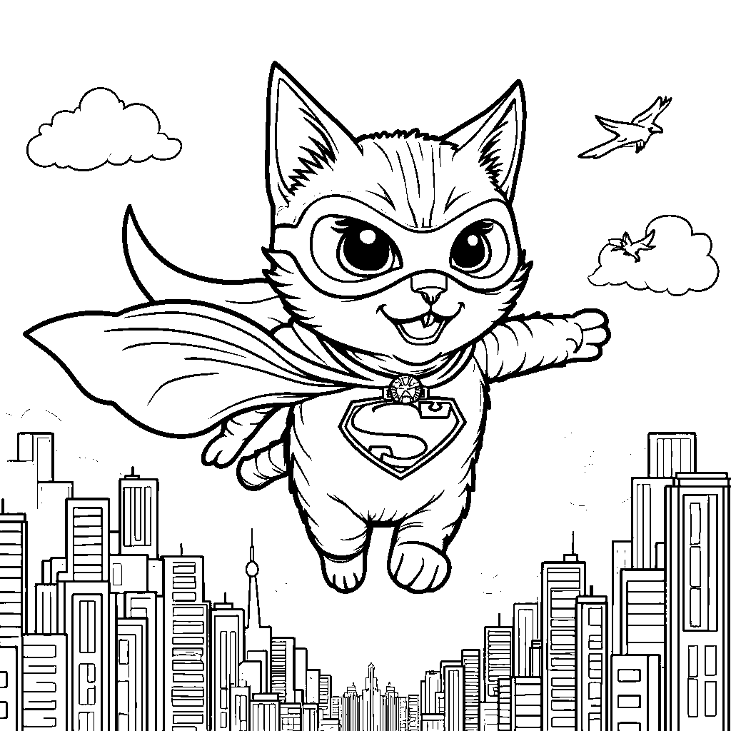 A superhero cat flying through the air, saving the day