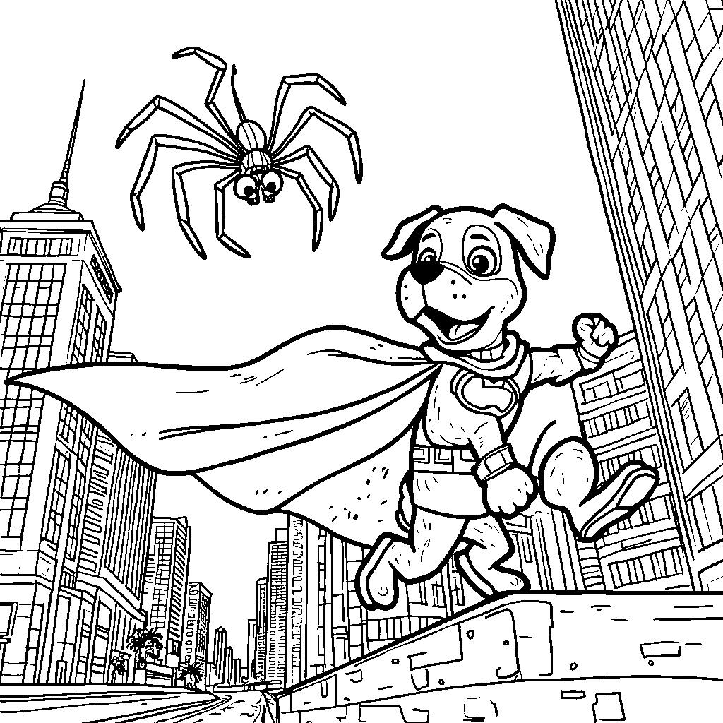 A superhero dog saving the city from a giant spider