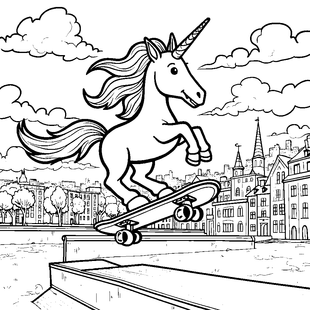 Unicorn riding a rainbow-colored skateboard