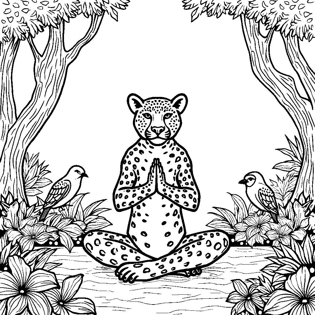 Jaguar doing yoga in a peaceful forest