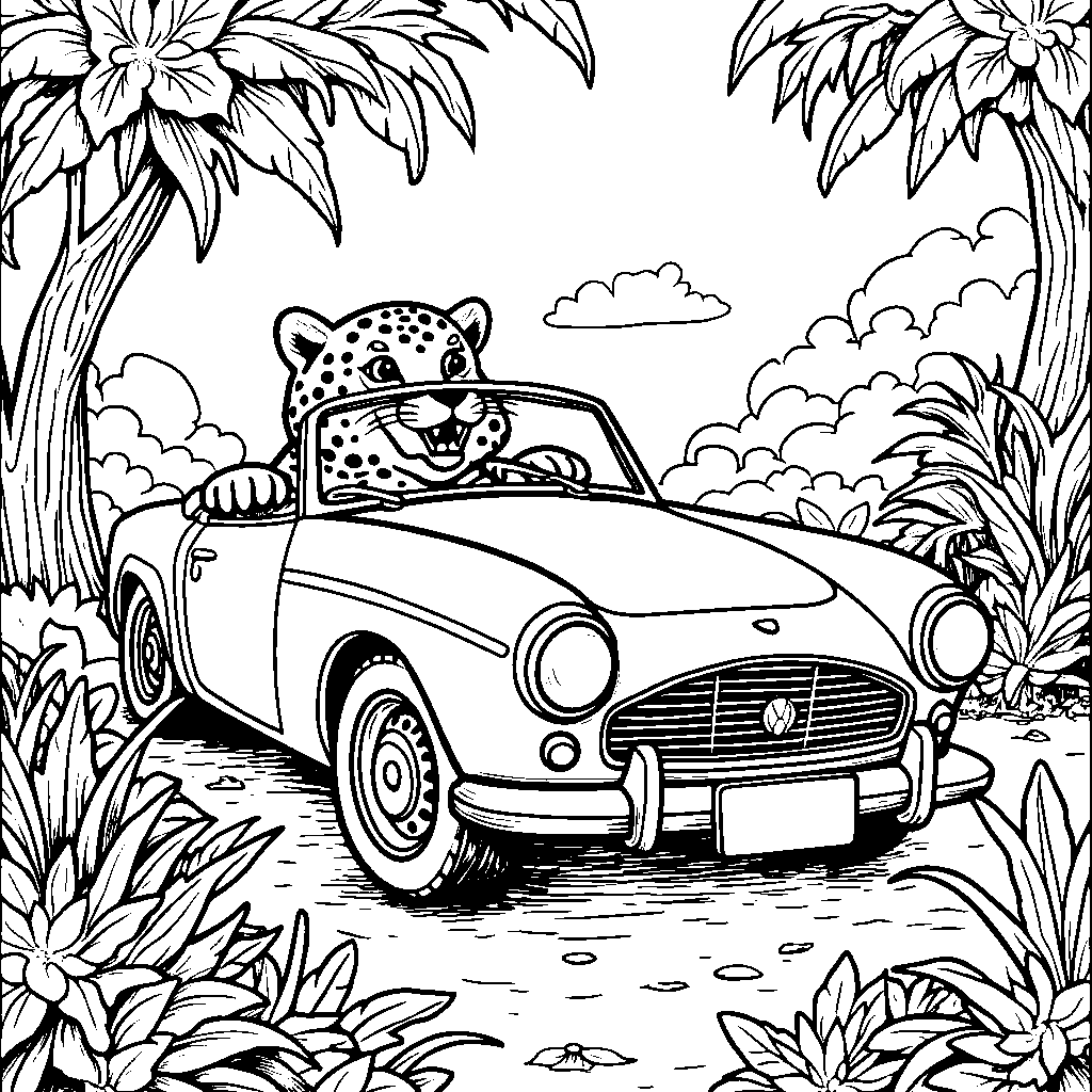 Jaguar driving a car with a jungle license plate