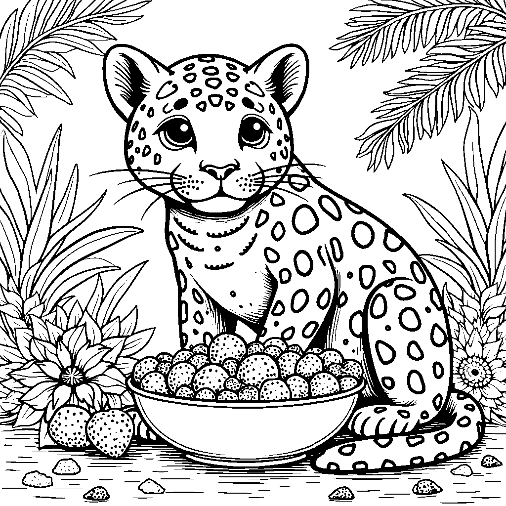 Jaguar eating a bowl of jungle fruit salad